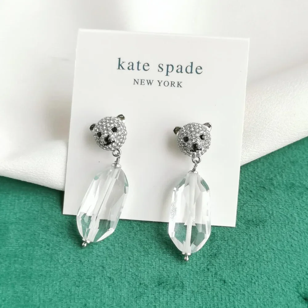KATE SPADE Arctic Friends Polar Bear Silver Clear Drop Earrings NEW - Picture 1 of 3